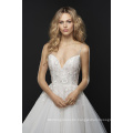 Dimensional Floral Beading and Embroidery Creme Embellished Tulle Wedding Dress with Rhinestone Beaded Strap